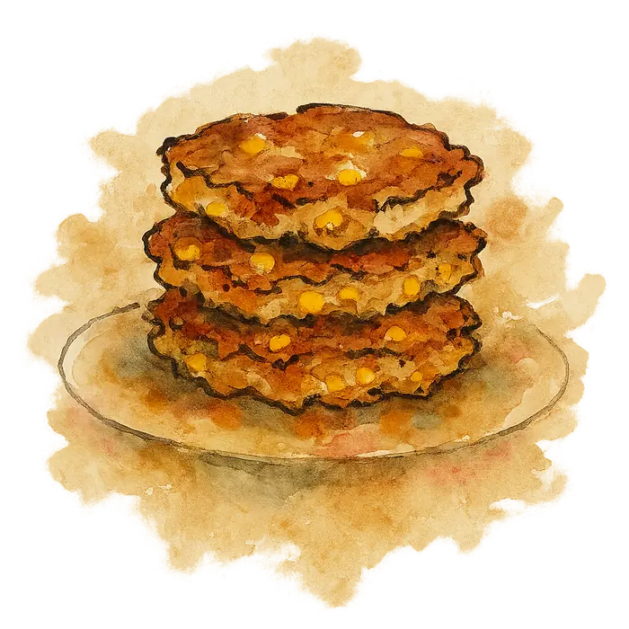 A watercolour of a stack of golden-brown fritters flecked with yellow sweetcorn