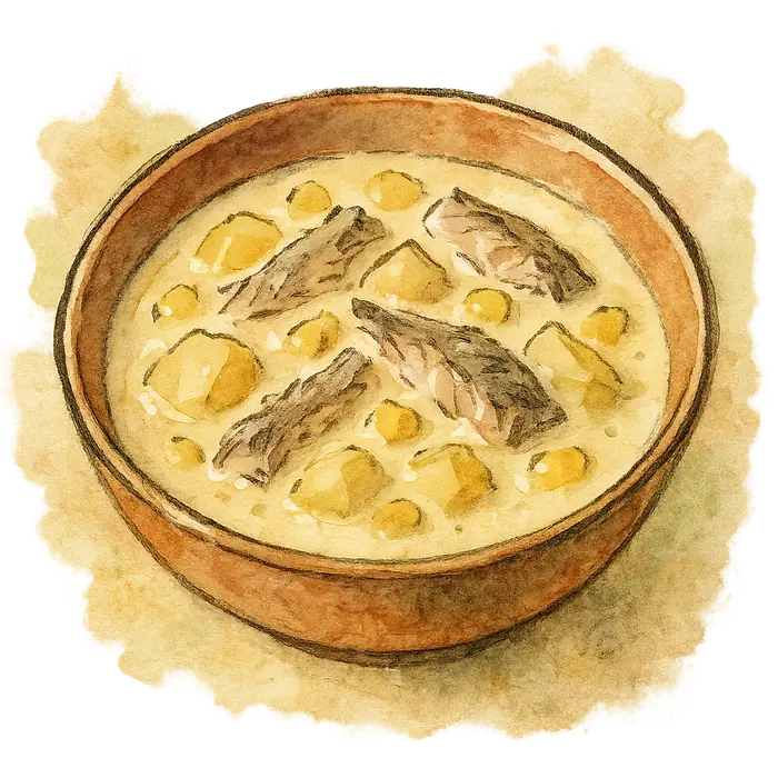 A watercolour of a bowl of pale creamy chowder with chunks of potato, yellow sweetcorn and flakes of grey-brown mackerel