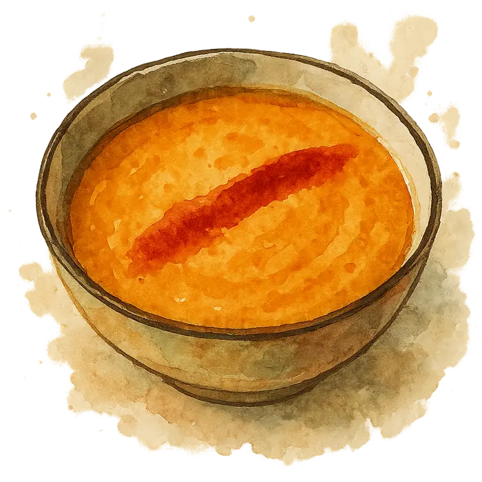 A watercolour of a bowl of smooth orange-red lentil soup with a bright stripe of red paprika oil poured across the surface