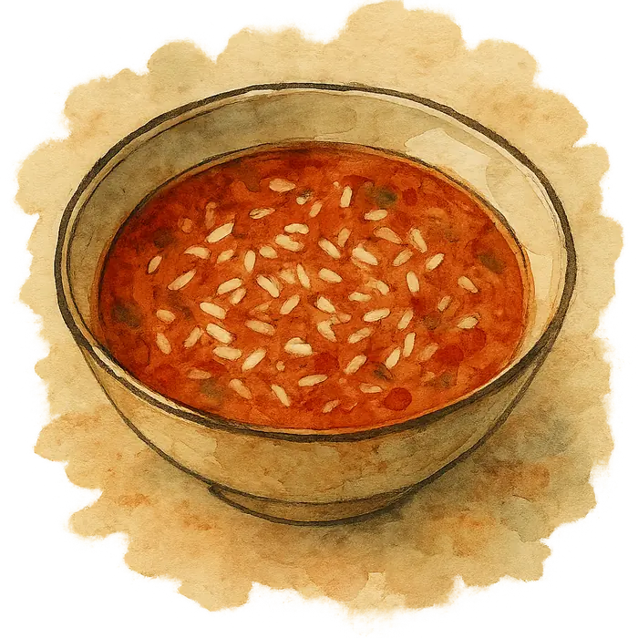A watercolour of a bowl of red tomato soup thick with grains of white rice