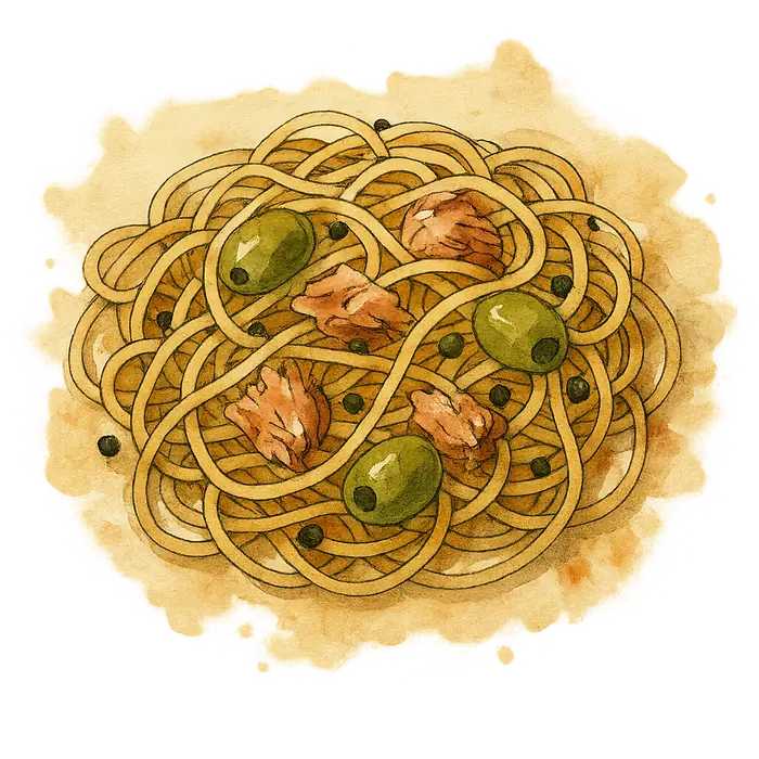 A watercolour of a tangle of pale spaghetti with flakes of tuna, green olives and small dark capers, glossy with oil