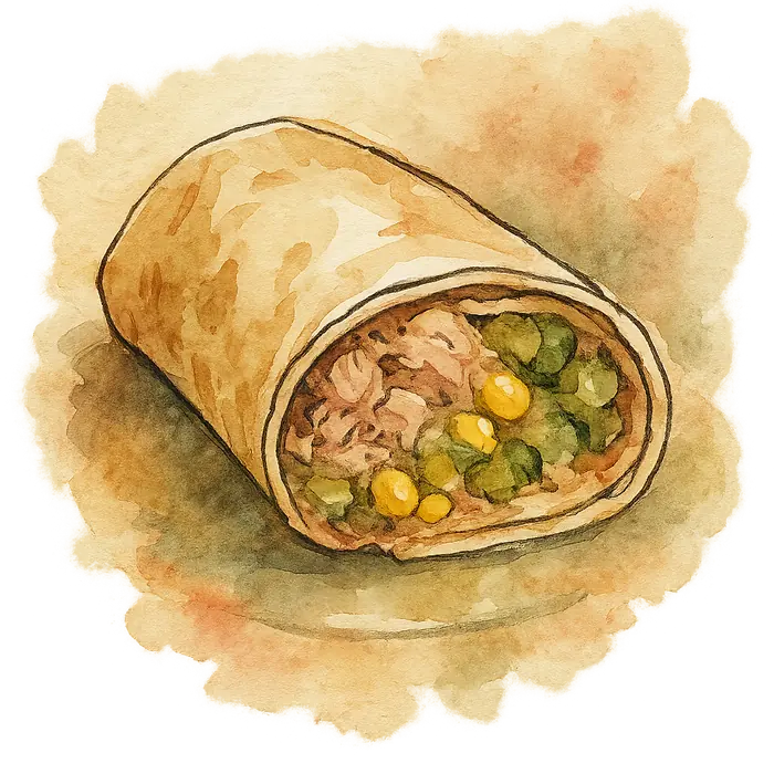 A watercolour of a folded tortilla wrap showing tuna, sweetcorn and gherkin inside
