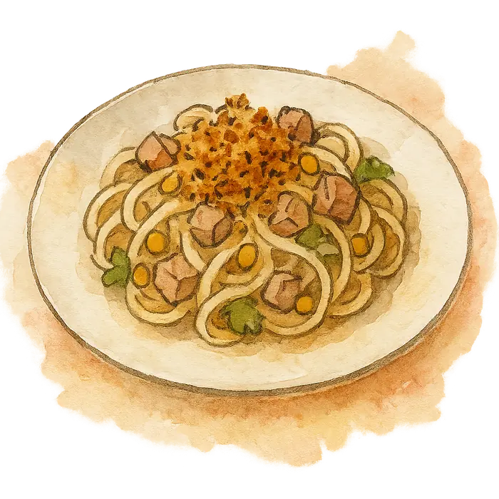A watercolour of pasta in a pale creamy sauce with tuna and yellow sweetcorn, topped with golden toasted crumbs