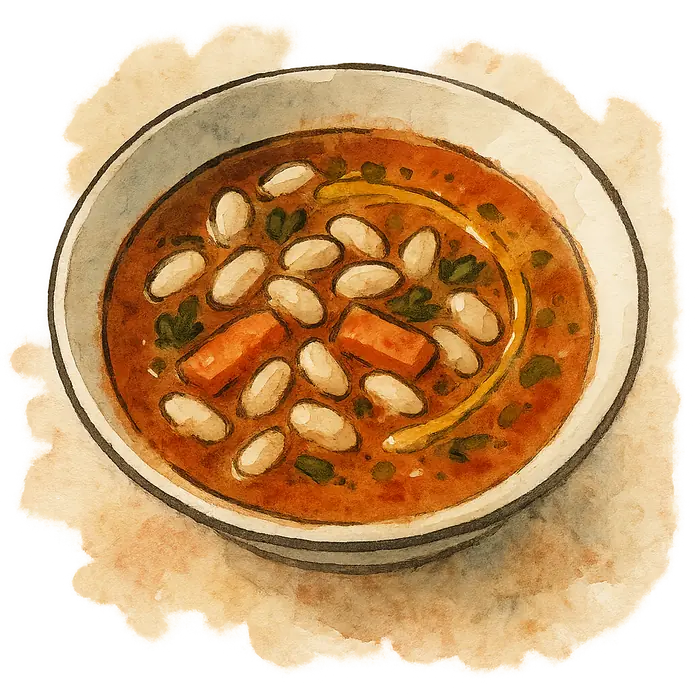 A watercolour of a white bean soup in a thin red-orange broth with carrot and olive oil