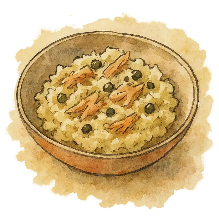 A watercolour of a bowl of coarsely mashed white beans with flakes of tuna and small dark capers