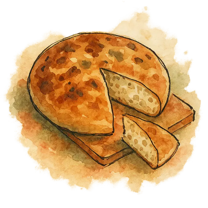 A watercolour of a round flat golden loaf with a blistered crust, one wedge cut away showing an open crumb